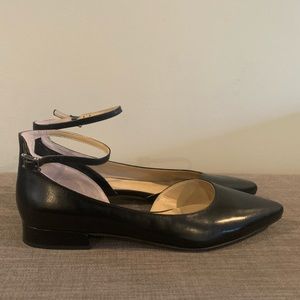 Franco Sarto pointed toe black leather d’orsay flats with ankle straps